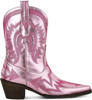 AMINUGAL Cowgirl Boots Chunky Heel Cowboy Boots for Women Pointed Toe Pull On Western Boots Women's Ankle Boots Country Concert Fashion Retro Metallic Booties