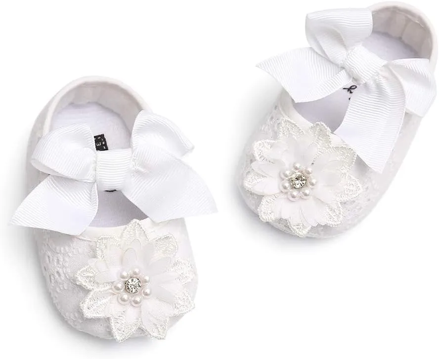 Baby Girls Mary Jane Flats with Bowknot Floral Princess Wedding Dress Shoes Soft Newborn Infant Crib First Walkers Prewalker