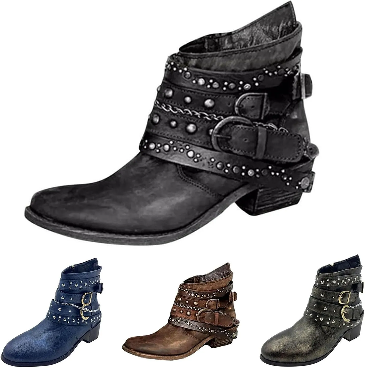 Black Cowboy Boots for Women Ankle Comfortable Booties for Women Ladies Booties Ankle Boots Boot Shoes for Women Round Toe Flat Heel Square Toe Slip On Side Zipper