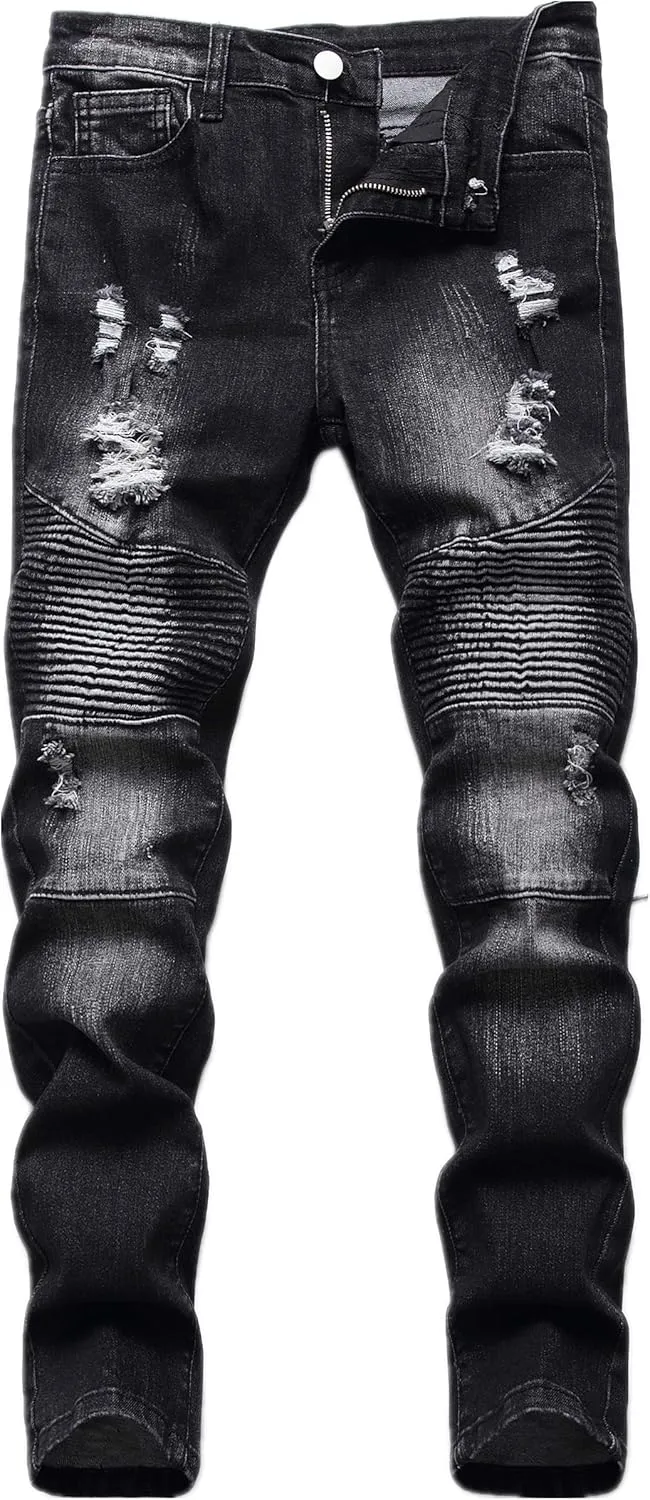 Boy's Biker Skinny Fit Ripped Destroyed Distressed Stretch Stylish Fashion Moto Denim Jeans Pants