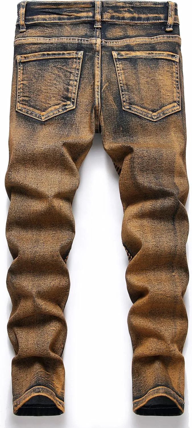 Boy's Biker Skinny Fit Ripped Destroyed Distressed Stretch Stylish Fashion Moto Denim Jeans Pants