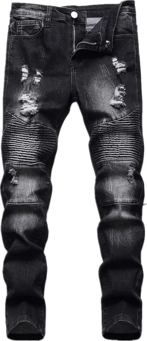 Boy's Biker Skinny Fit Ripped Destroyed Distressed Stretch Stylish Fashion Moto Denim Jeans Pants