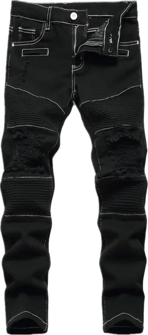 Boy's Biker Skinny Fit Ripped Destroyed Distressed Stretch Stylish Fashion Moto Denim Jeans Pants