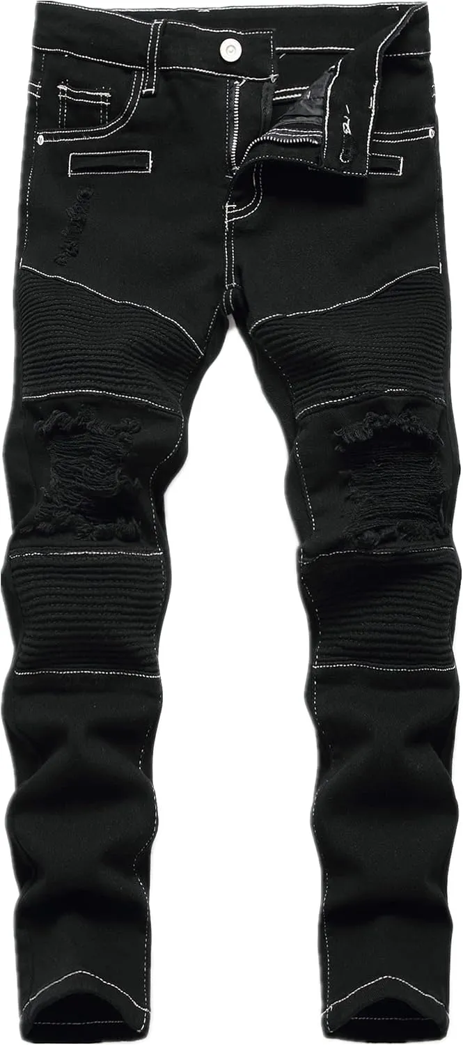 Boy's Biker Skinny Fit Ripped Destroyed Distressed Stretch Stylish Fashion Moto Denim Jeans Pants