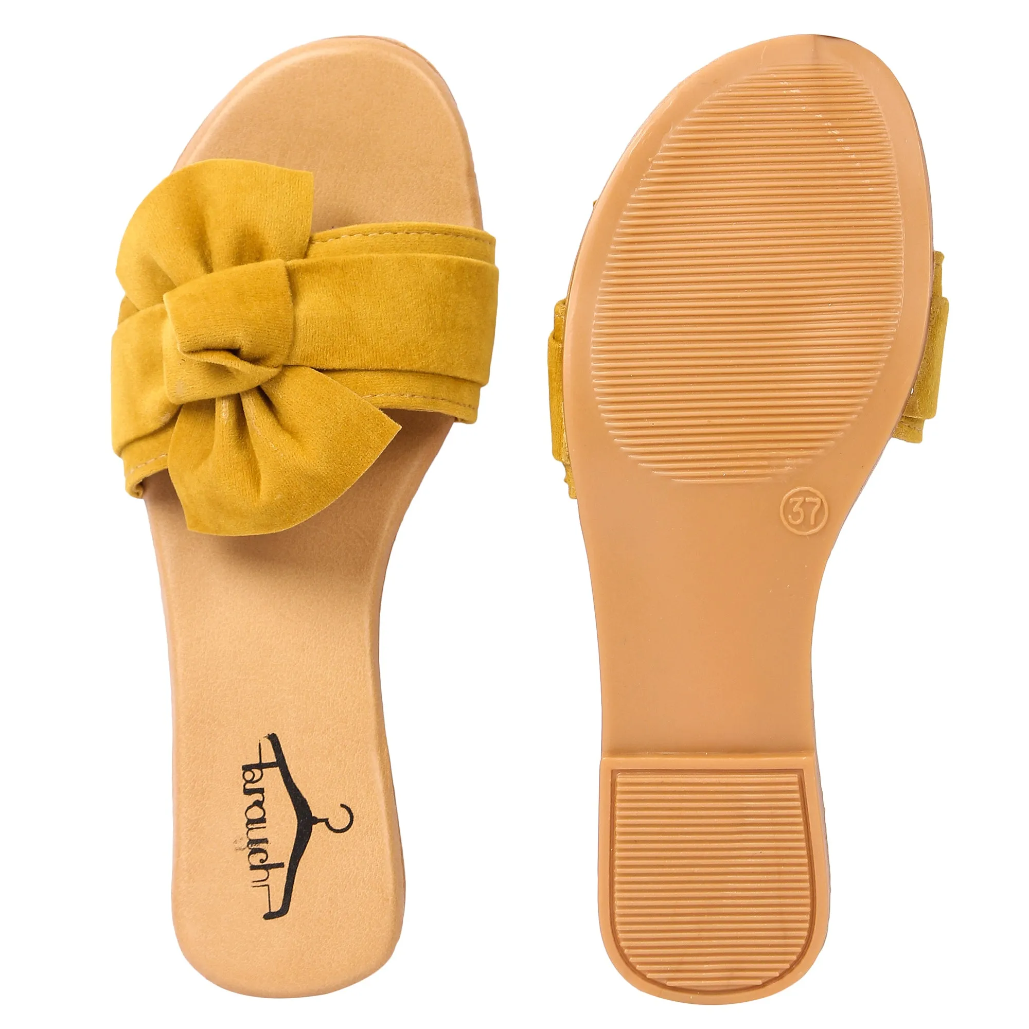 Brauch Women's Mustard Suede Bow Flats Slides