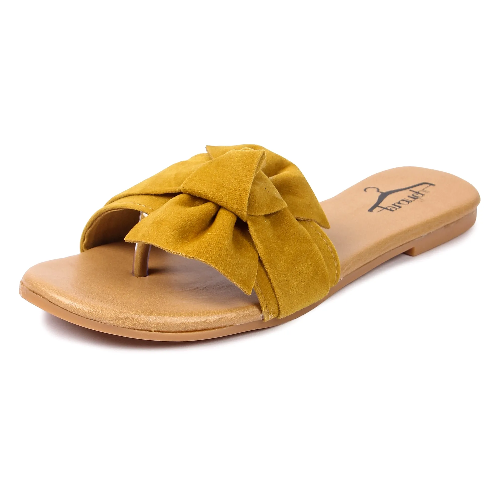 Brauch Women's Mustard Suede Bow Flats Slides