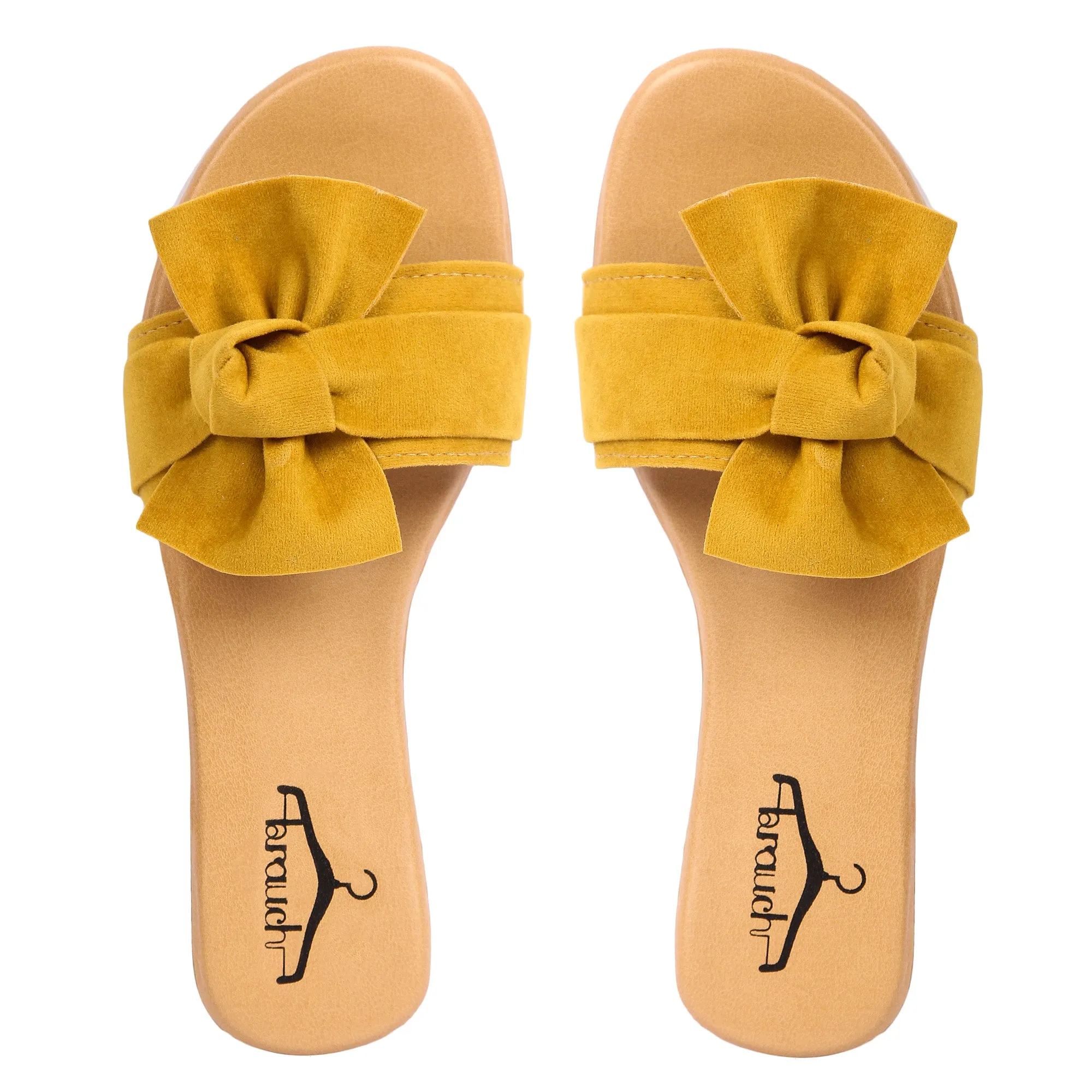 Brauch Women's Mustard Suede Bow Flats Slides