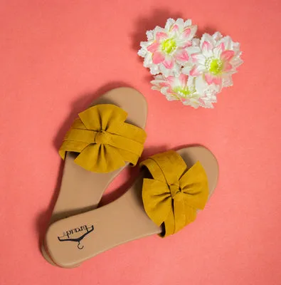 Brauch Women's Mustard Suede Bow Flats Slides