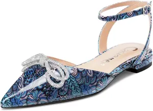 Castamere Women Low Heel Pointed Toe Ankle Strap Flats Shoes Pumps Rhinestone Crystal Prom Party 0.4 Inches Heels