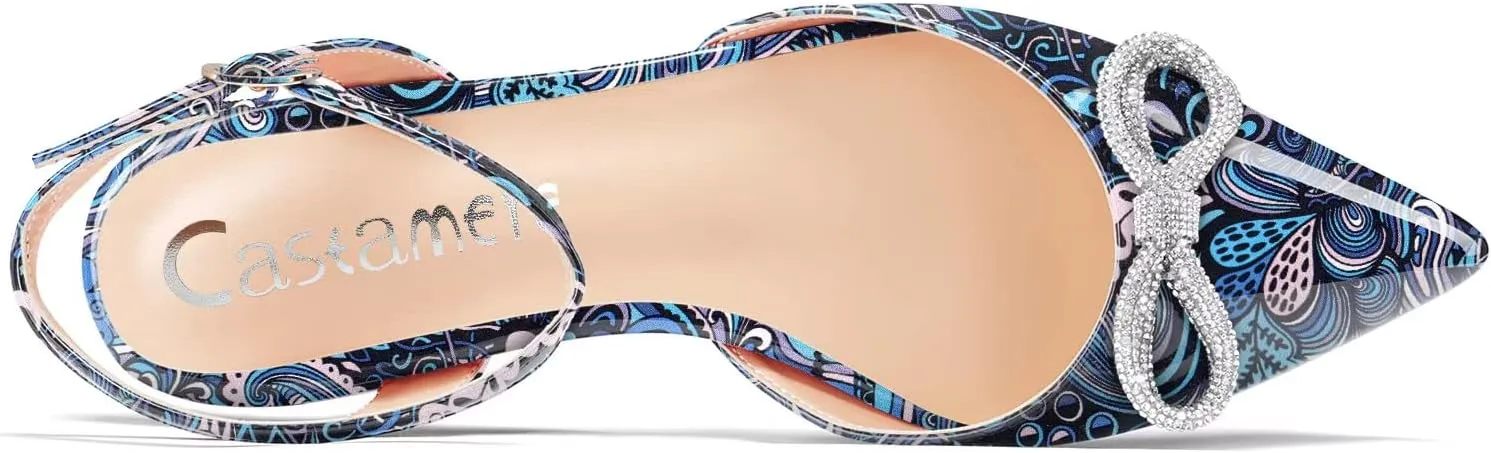 Castamere Women Low Heel Pointed Toe Ankle Strap Flats Shoes Pumps Rhinestone Crystal Prom Party 0.4 Inches Heels