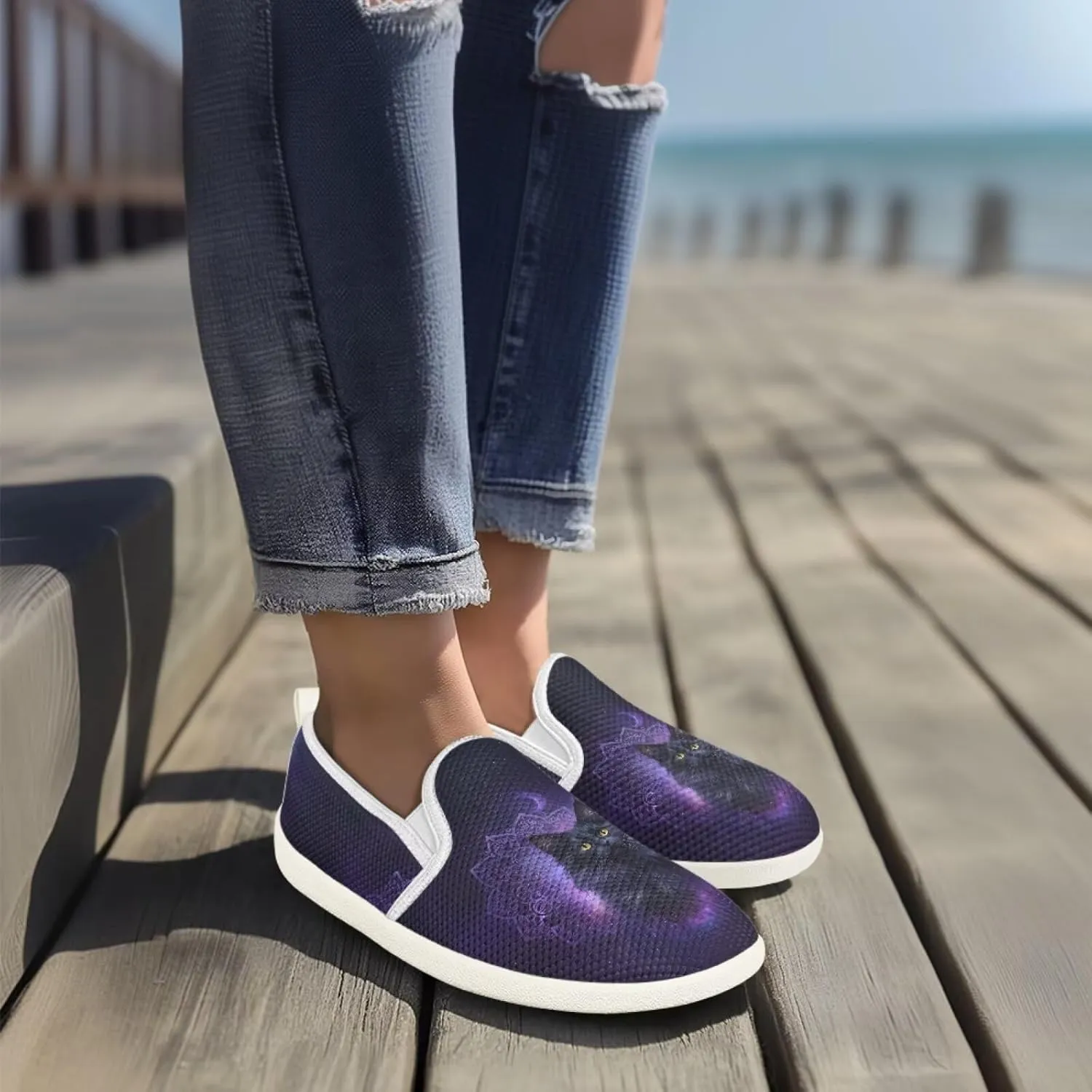 Cat Print Outdoor Shoes Fashion Work Flat Mesh Business Shoes Slip On Leisure Loafer for Women