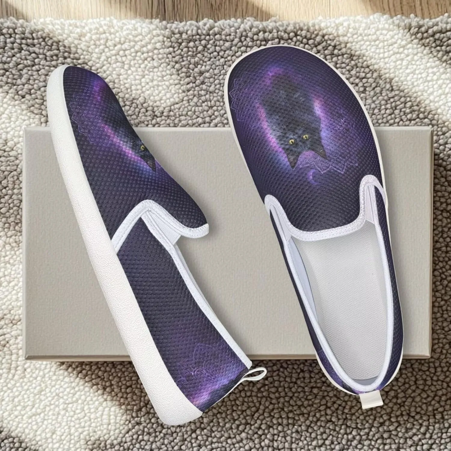 Cat Print Outdoor Shoes Fashion Work Flat Mesh Business Shoes Slip On Leisure Loafer for Women