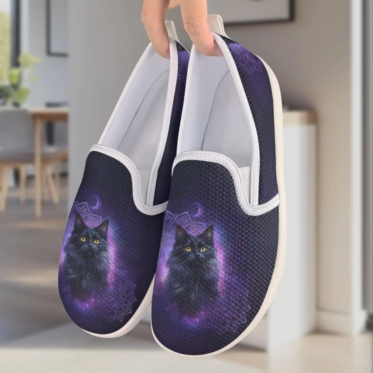 Cat Print Outdoor Shoes Fashion Work Flat Mesh Business Shoes Slip On Leisure Loafer for Women