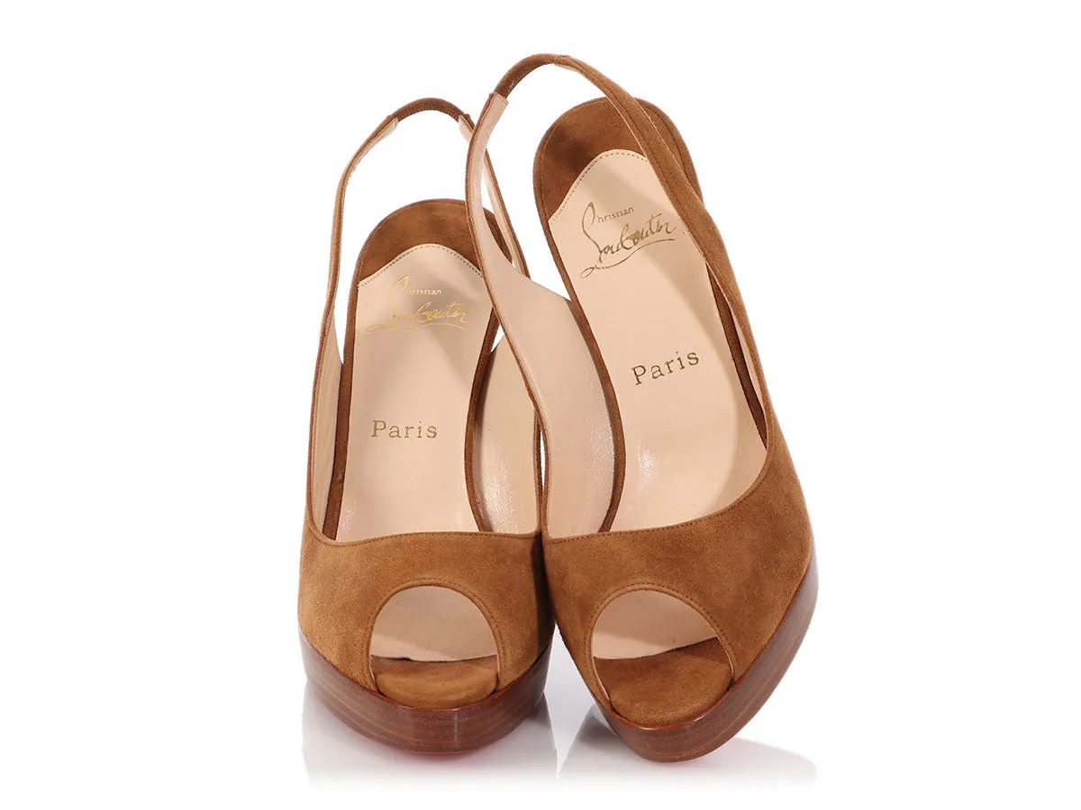 Christian Louboutin Brown Suede Peep Toe Slingback Pumps