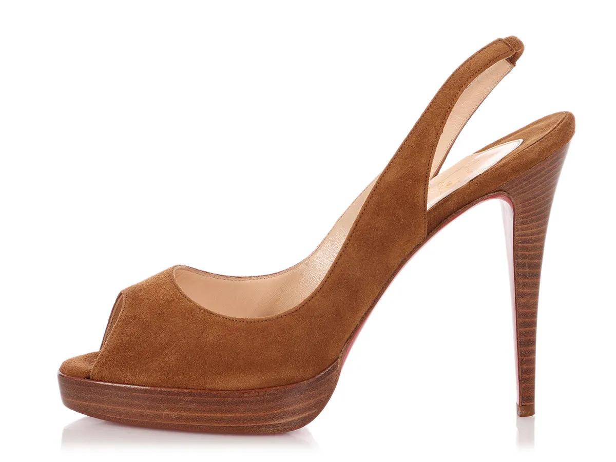 Christian Louboutin Brown Suede Peep Toe Slingback Pumps