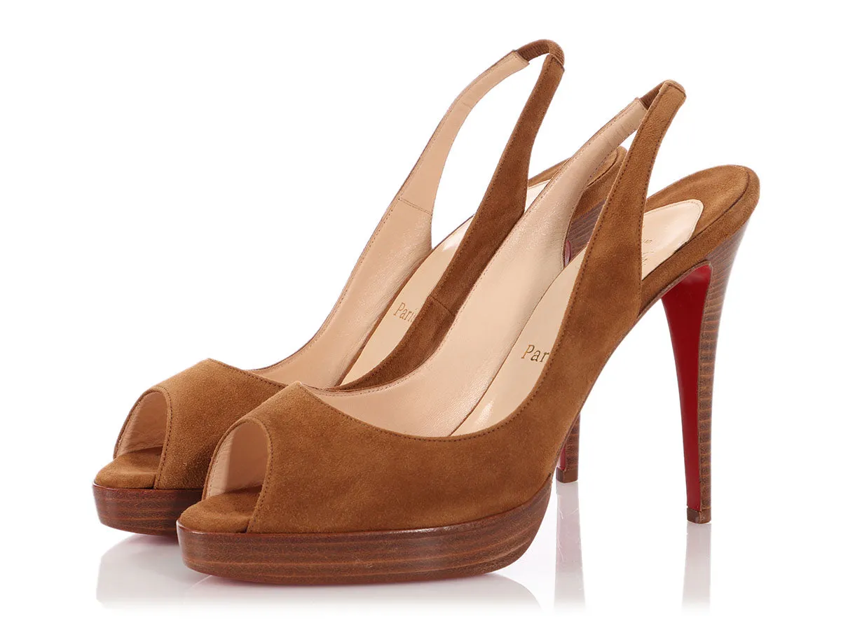 Christian Louboutin Brown Suede Peep Toe Slingback Pumps