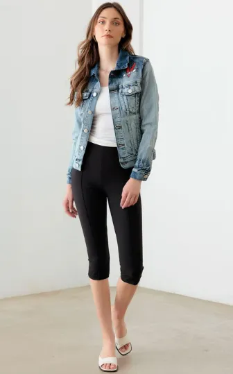 Face Graffiti Print Acid Wash Denim Jacket