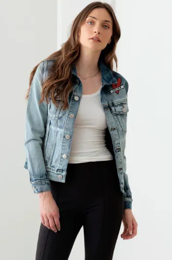 Face Graffiti Print Acid Wash Denim Jacket