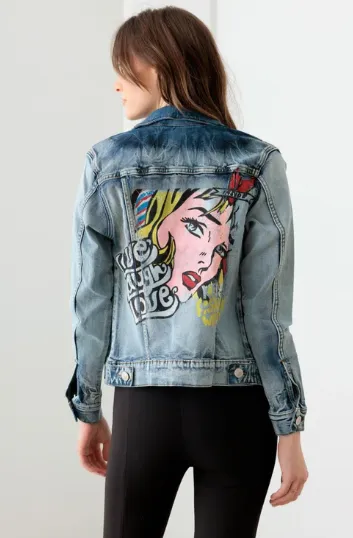 Face Graffiti Print Acid Wash Denim Jacket