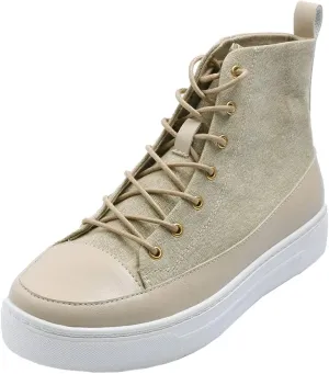 FEVERSOLE Women's Canvas Vegan Leather Lightweight Platform Lace-Up Street Sneakers Booties Beige Canvas PU Platform Size 6.5 M US