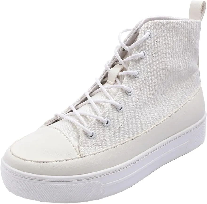 FEVERSOLE Women's Canvas Vegan Leather Lightweight Platform Lace-Up Street Sneakers Booties White Canvas PU Platform Size 8.5 M US