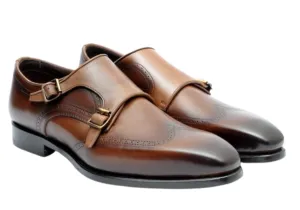 Filangieri - Stained Brown Double Monk Strap Wing Tip Leather Dress Shoes