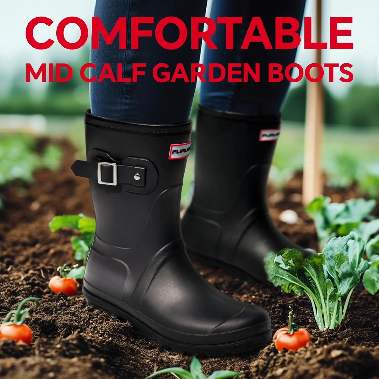 Furuian Women's Mid Calf Rain Boots Waterproof Boots for Women Anti-Slip Rubber Boots Mud Boots with Comfortable Insole Garden Boots Lightweight Water Boots for hunting, gardening, outdoor