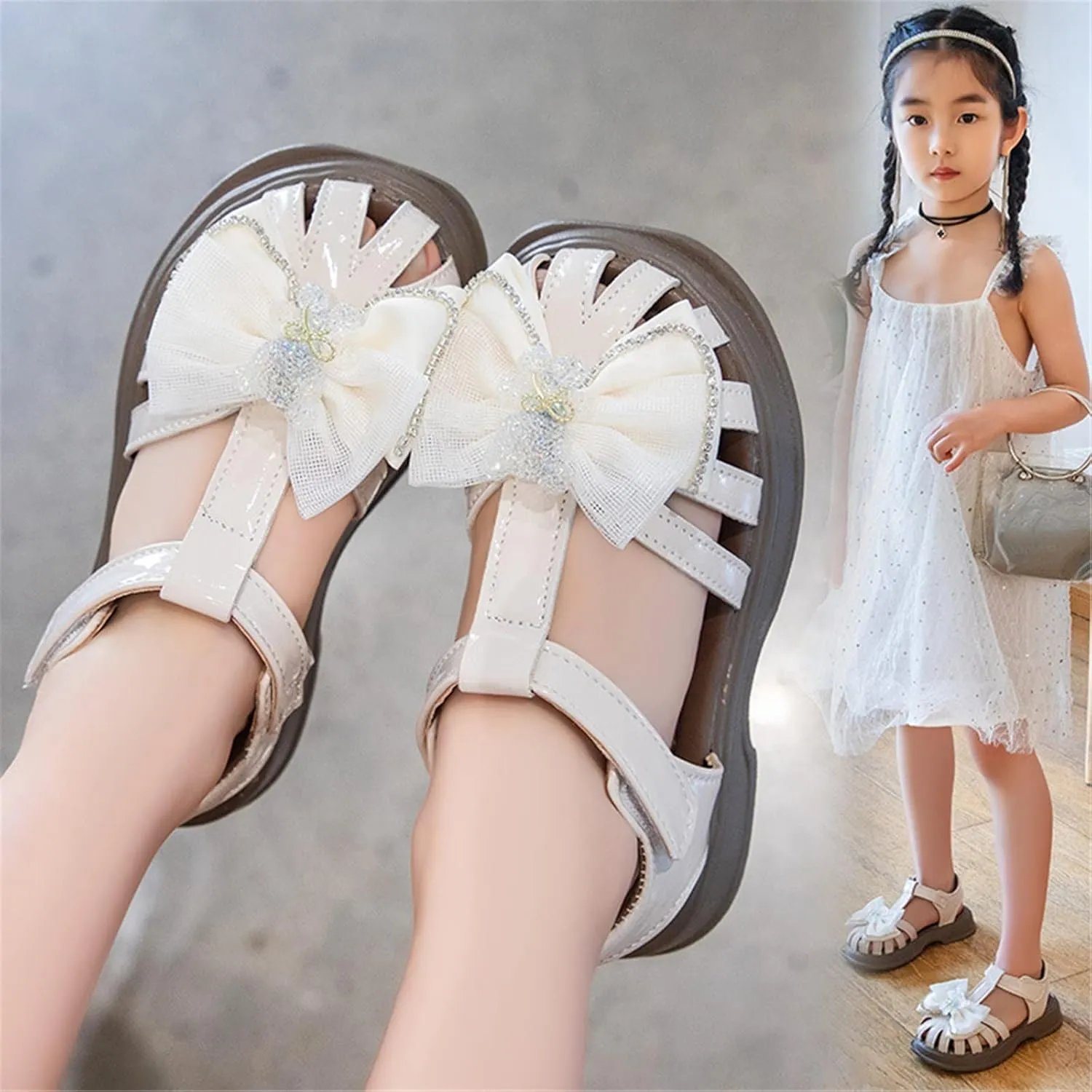 Girls Sandals for Big Kids Summer Stylish Mesh Bow Closed Toe Shoes Ideal for Daily Wear and