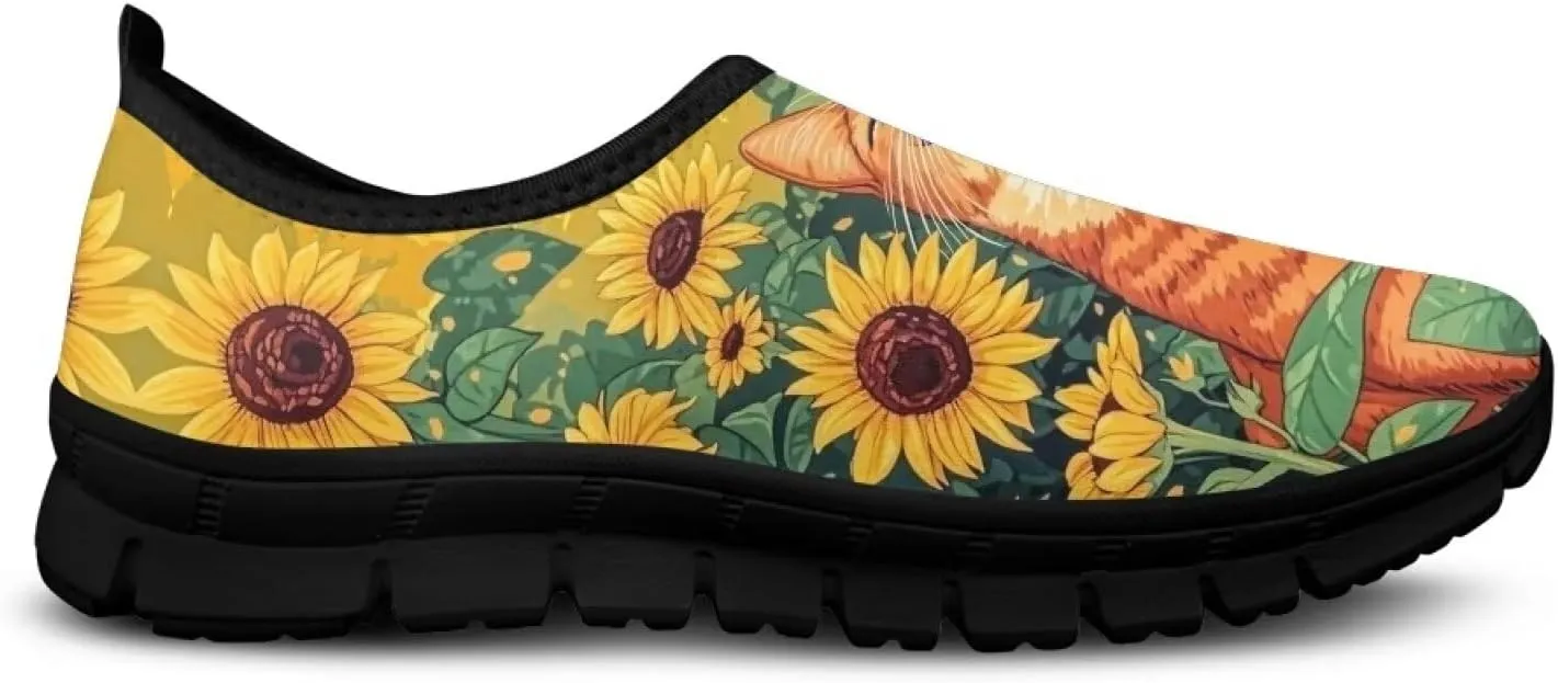 GOSTONG Floral Art Sneakers for Women Comfy Soft Sole Non Slip Walking Sneakers for Outdoor Travel Easy Slip on Lightweight Indoor Loafers Black US 5.5-11.5