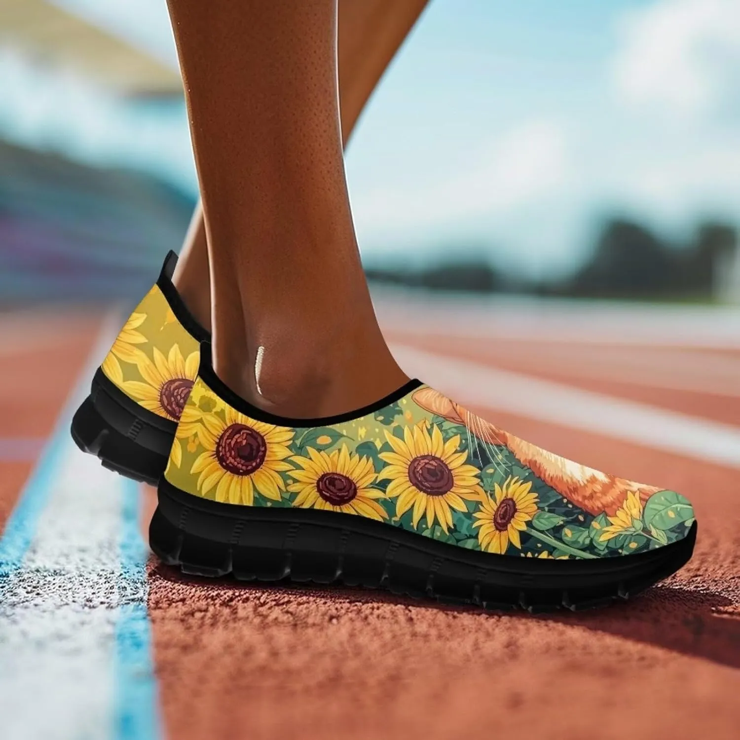 GOSTONG Floral Art Sneakers for Women Comfy Soft Sole Non Slip Walking Sneakers for Outdoor Travel Easy Slip on Lightweight Indoor Loafers Black US 5.5-11.5