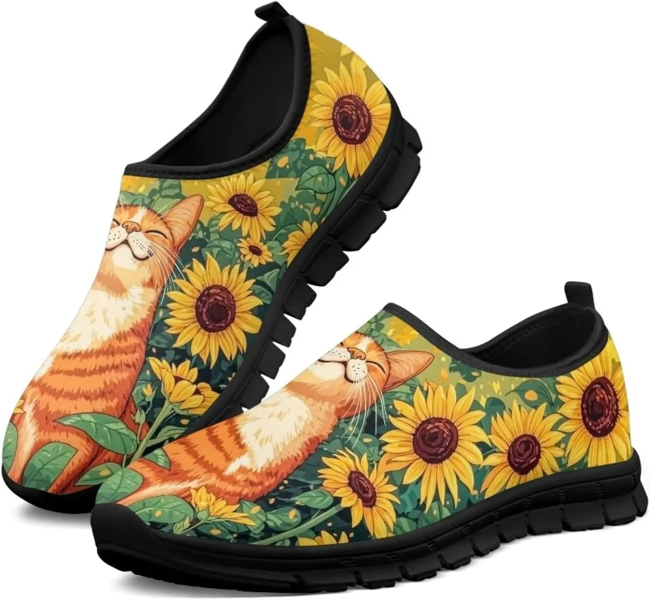 GOSTONG Floral Art Sneakers for Women Comfy Soft Sole Non Slip Walking Sneakers for Outdoor Travel Easy Slip on Lightweight Indoor Loafers Black US 5.5-11.5