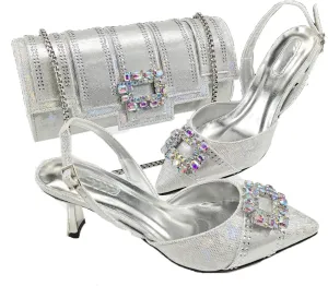 Italian Fashion Women Heels Elegant Color Block Design Shoes and Bag Full Rhinestone Party