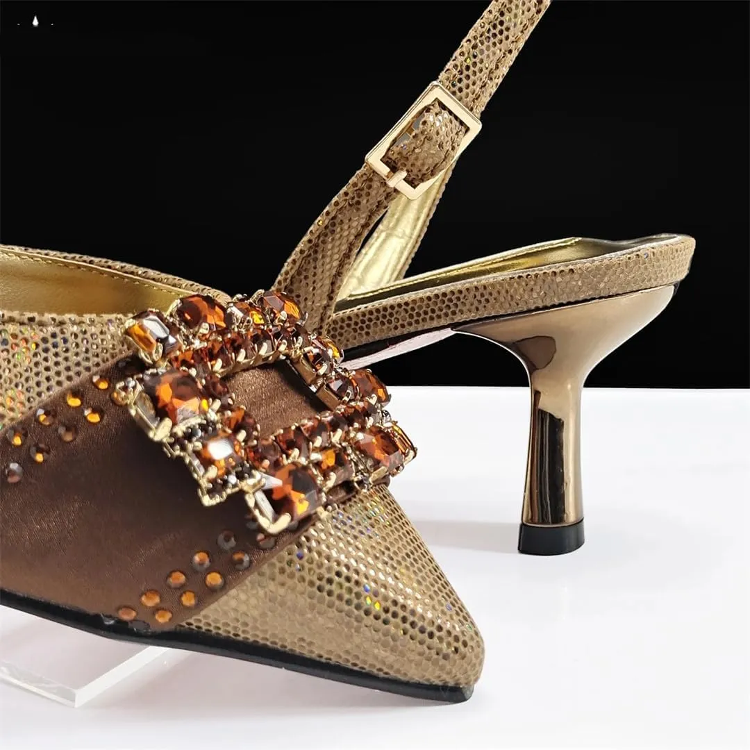 Italian Fashion Women Heels Elegant Color Block Design Shoes and Bag Full Rhinestone Party