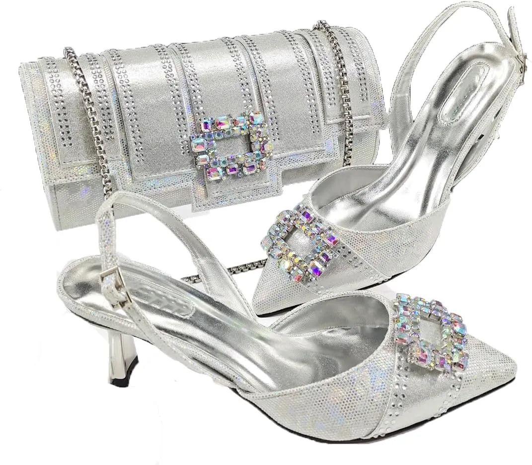 Italian Fashion Women Heels Elegant Color Block Design Shoes and Bag Full Rhinestone Party