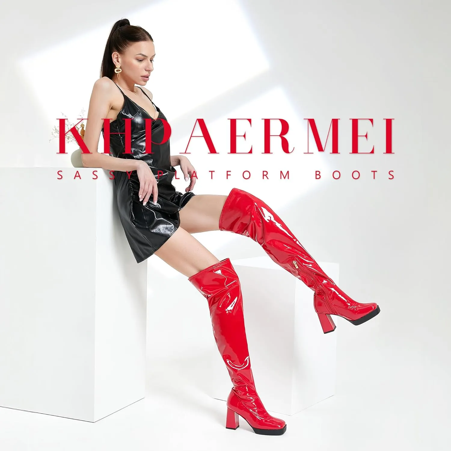 KHPAERMEI Platform Thigh High Boots Women GoGo Boots Square Toe Chunky Heels Patent Leather PU Over The Knee High Stretch Boots