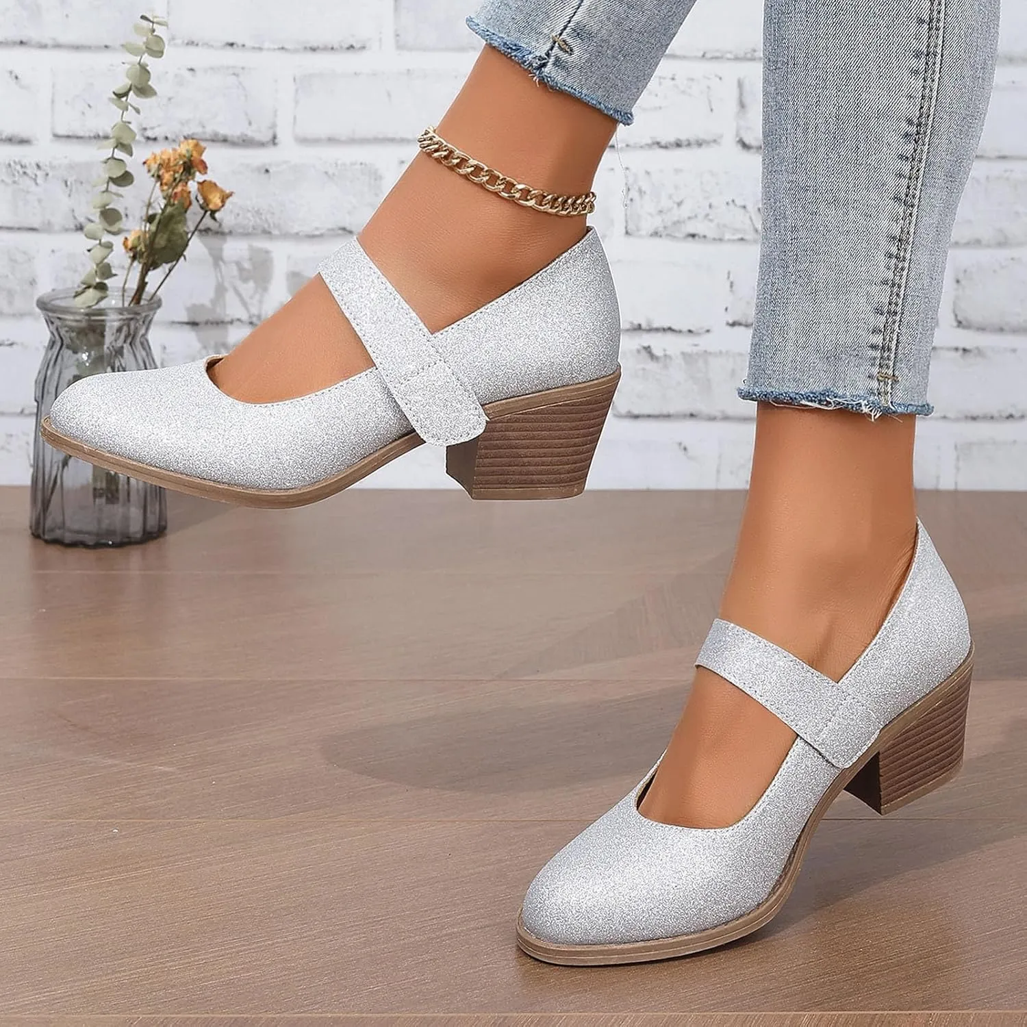 Ladies Casual Solid Color Beaded Glitter Sequins Chunky Heel Large Size Casual Shoes High Heeled Single Shoes Ladies Dress Shoes Low Heel