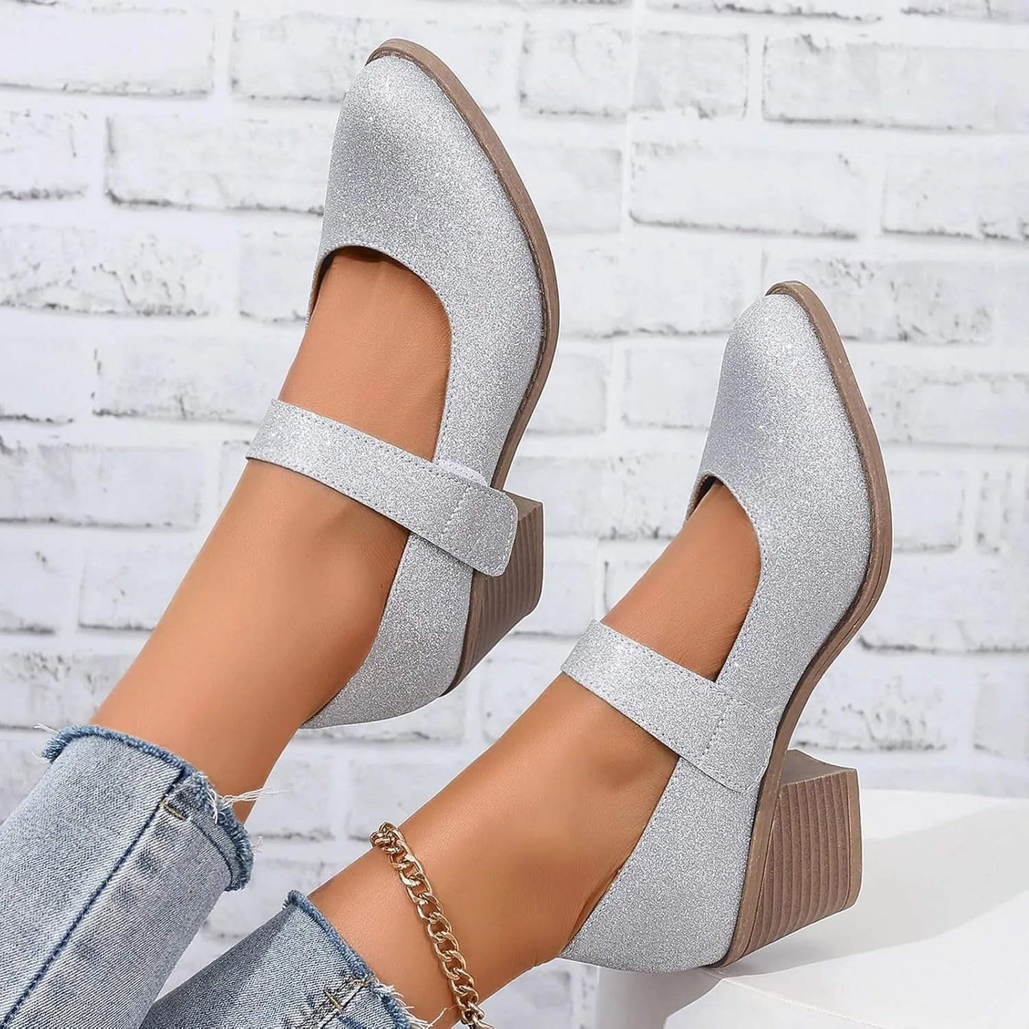 Ladies Casual Solid Color Beaded Glitter Sequins Chunky Heel Large Size Casual Shoes High Heeled Single Shoes Ladies Dress Shoes Low Heel