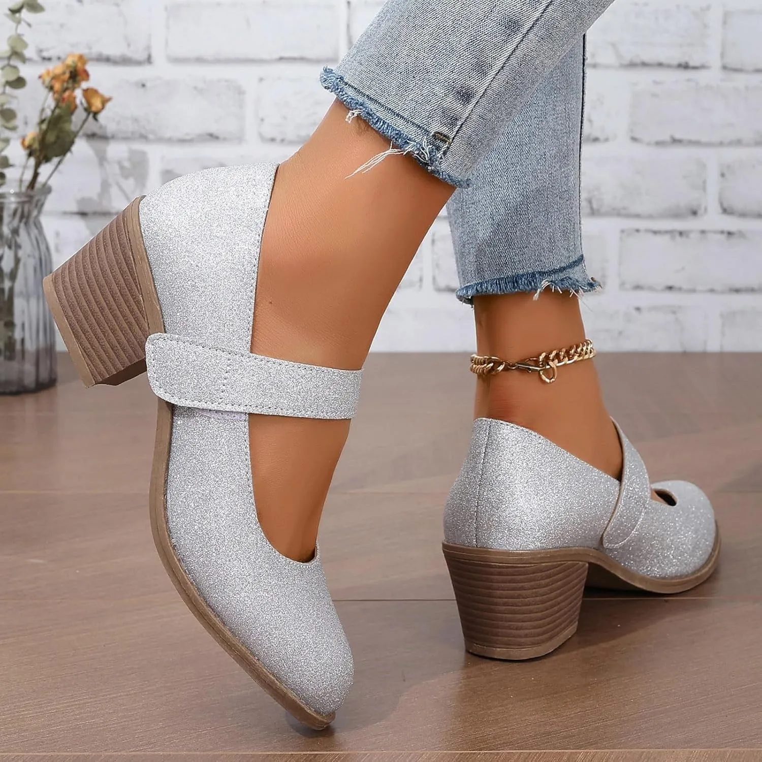 Ladies Casual Solid Color Beaded Glitter Sequins Chunky Heel Large Size Casual Shoes High Heeled Single Shoes Ladies Dress Shoes Low Heel