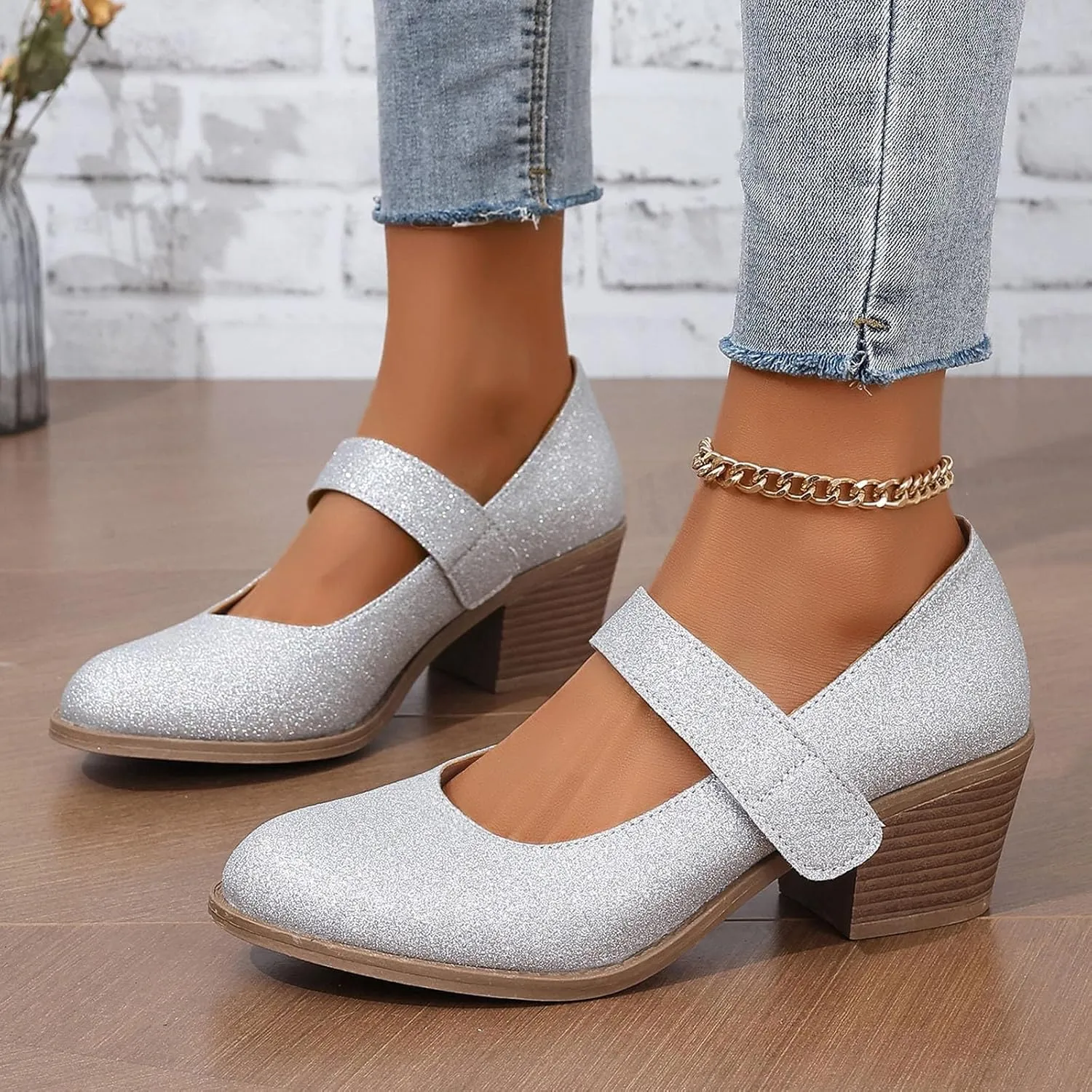 Ladies Casual Solid Color Beaded Glitter Sequins Chunky Heel Large Size Casual Shoes High Heeled Single Shoes Ladies Dress Shoes Low Heel