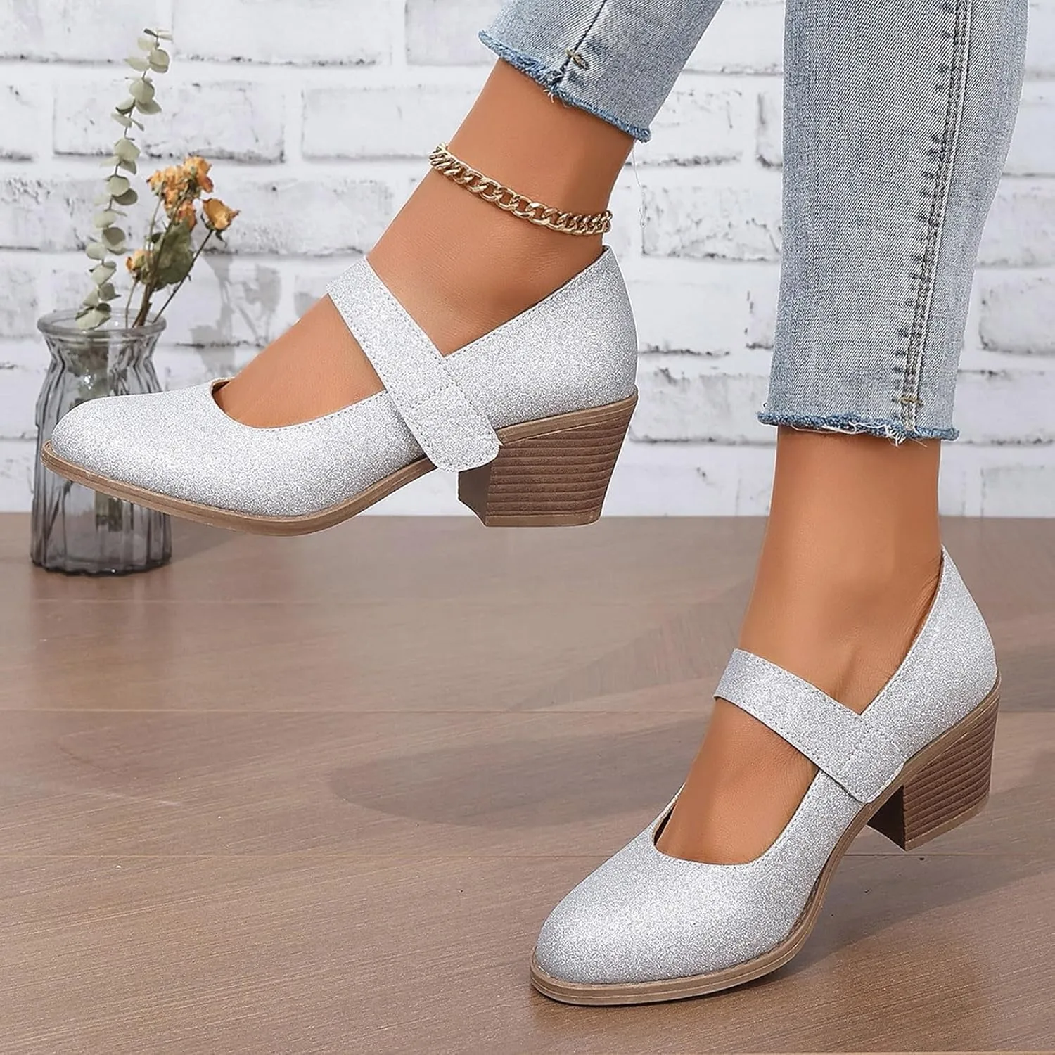 Ladies Casual Solid Color Beaded Glitter Sequins Chunky Heel Large Size Casual Shoes High Heeled Single Shoes Ladies Dress Shoes Low Heel