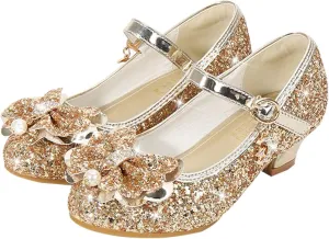 Little Girls Princess Glitter Bowknot Dress Shoes Kids Mary Jane Low Heels Pary Wedding Dazzling Elegant Shoes