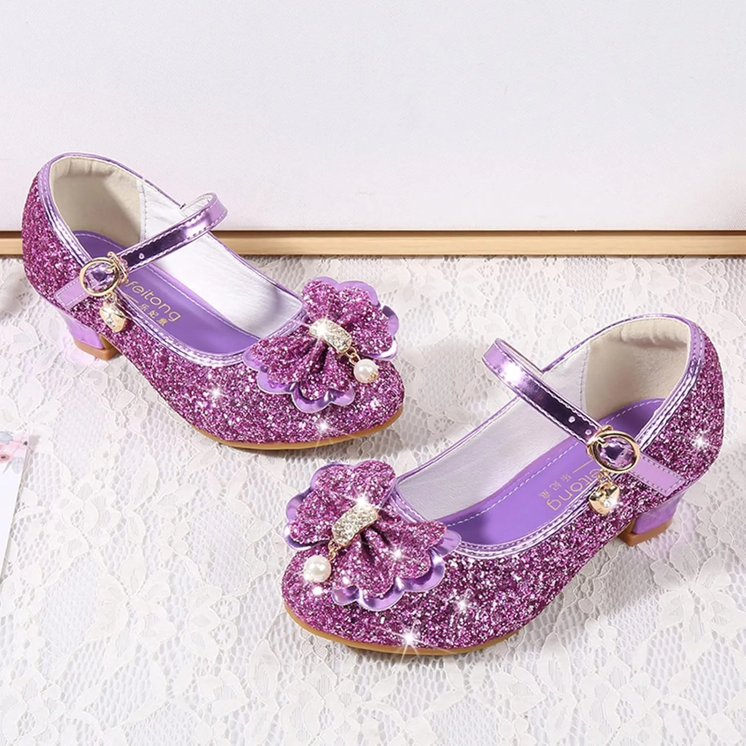 Little Girls Princess Glitter Bowknot Dress Shoes Kids Mary Jane Low Heels Pary Wedding Dazzling Elegant Shoes