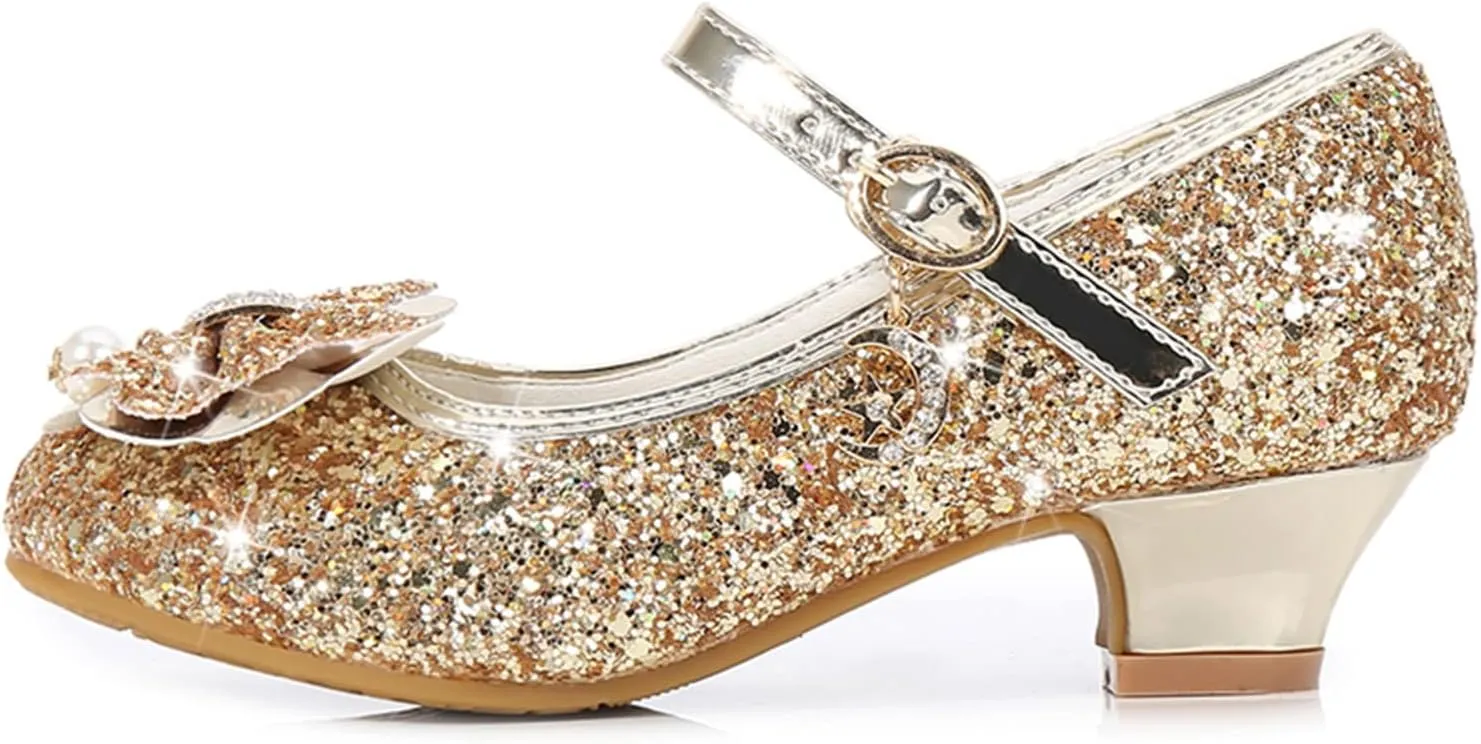 Little Girls Princess Glitter Bowknot Dress Shoes Kids Mary Jane Low Heels Pary Wedding Dazzling Elegant Shoes