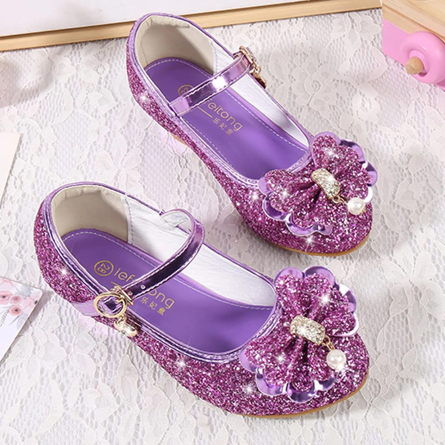 Little Girls Princess Glitter Bowknot Dress Shoes Kids Mary Jane Low Heels Pary Wedding Dazzling Elegant Shoes
