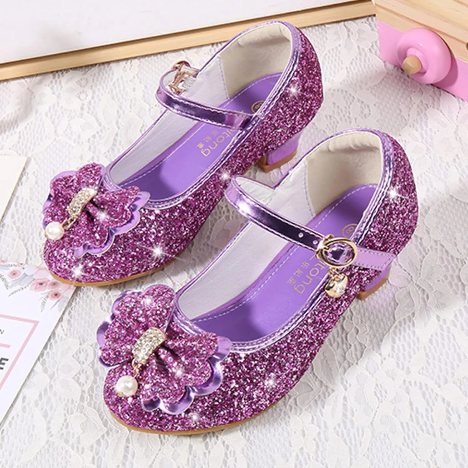 Little Girls Princess Glitter Bowknot Dress Shoes Kids Mary Jane Low Heels Pary Wedding Dazzling Elegant Shoes