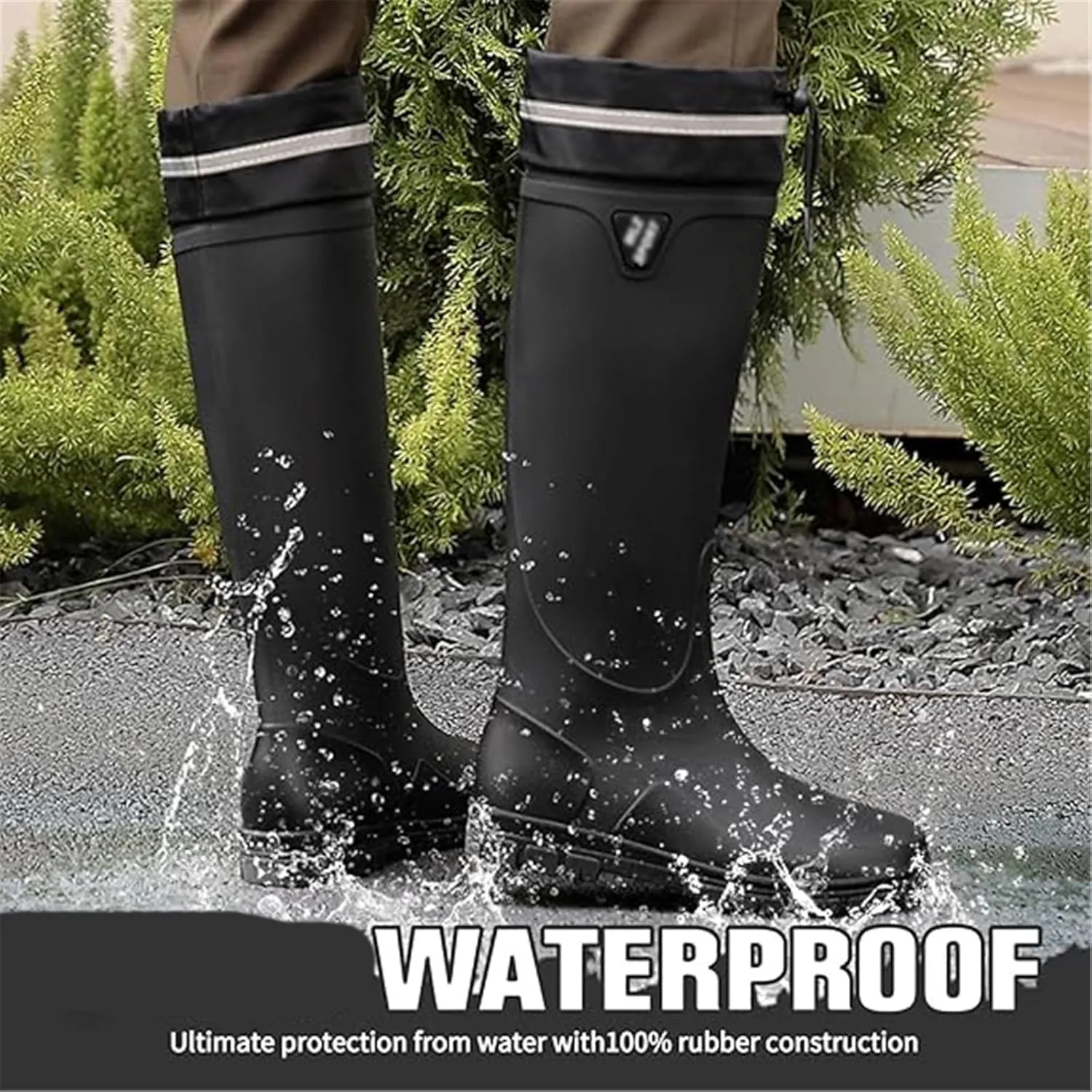 Mens Anti-Skid Fishing Boot, Men's Waterproof High Barrel Knee Rubber Work Rain Boots with PVC, Fashionable Pull Rope Adjustable Garden Rain Shoes, for Gardening, Fishing, Boating
