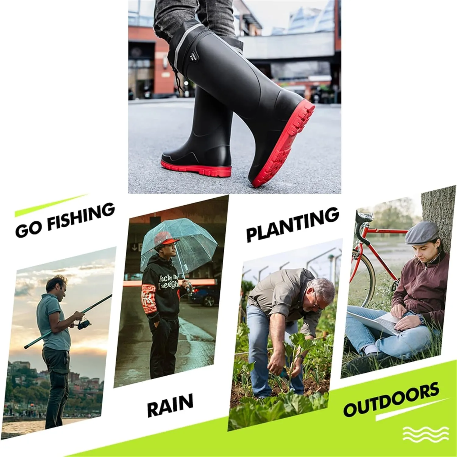 Mens Anti-Skid Fishing Boot, Men's Waterproof High Barrel Knee Rubber Work Rain Boots with PVC, Fashionable Pull Rope Adjustable Garden Rain Shoes, for Gardening, Fishing, Boating