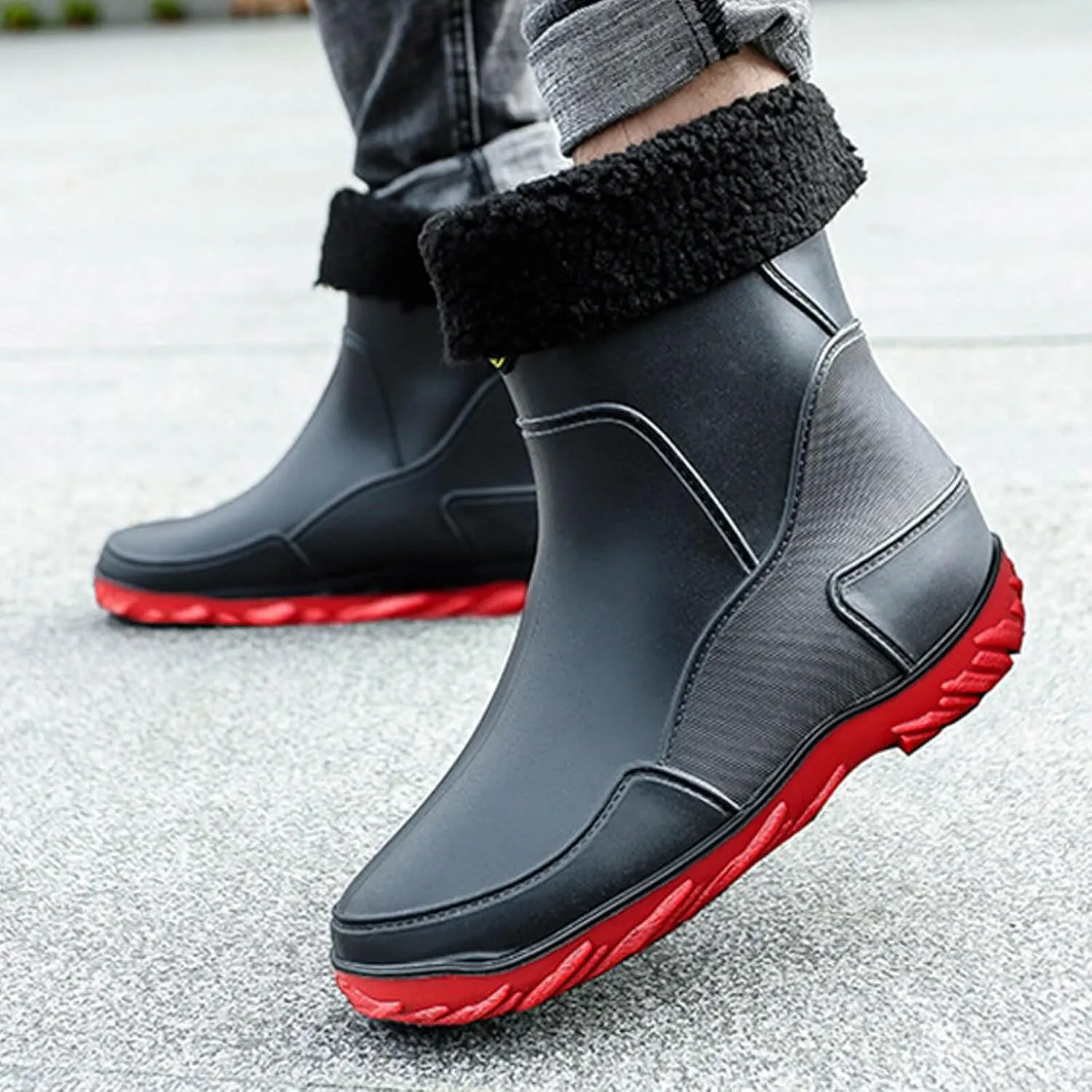 Men's rain boots, waterproof rain boots, mid-calf, fashionable outer water shoes, velvet for warmth, rubber shoes