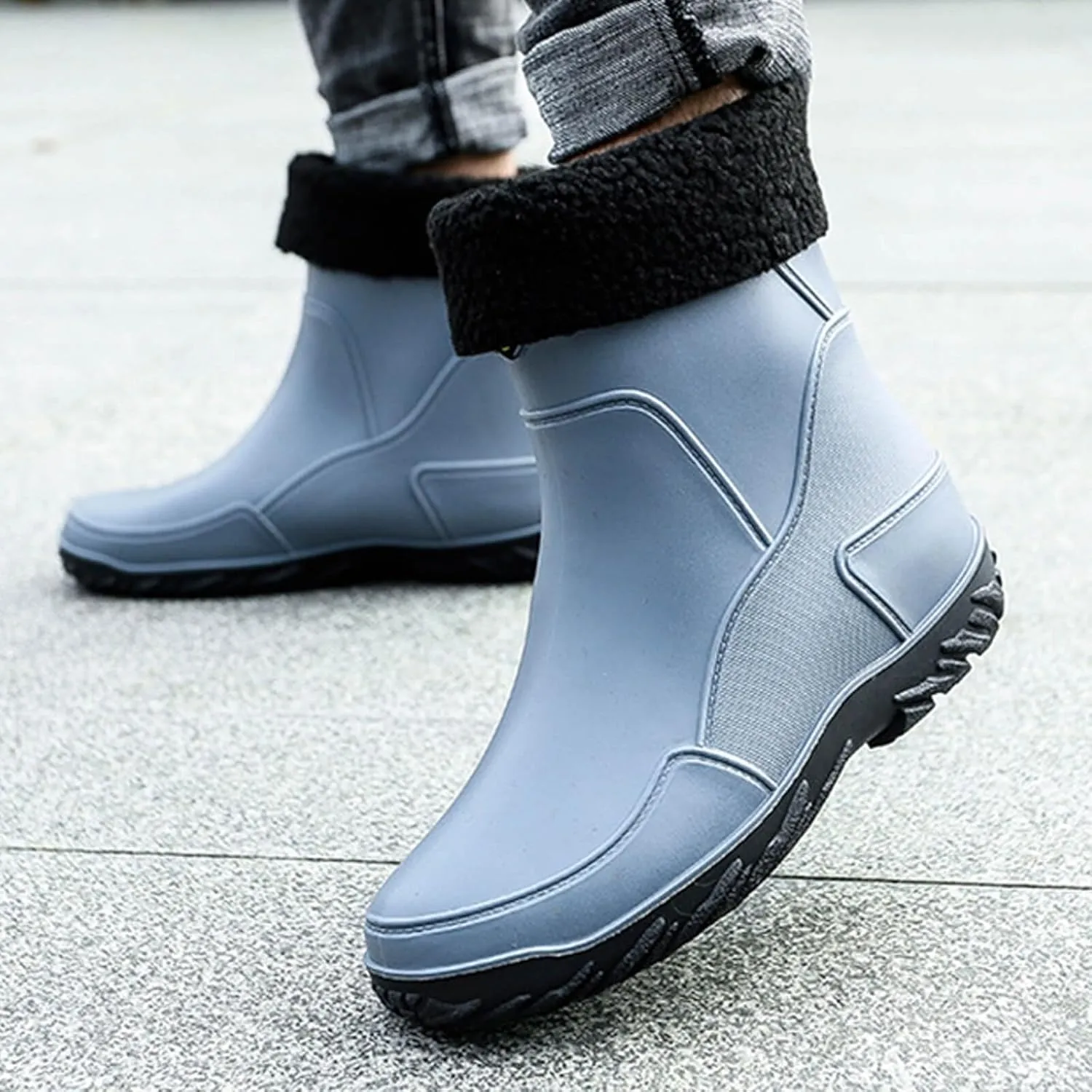 Men's rain boots, waterproof rain boots, mid-calf, fashionable outer water shoes, velvet for warmth, rubber shoes