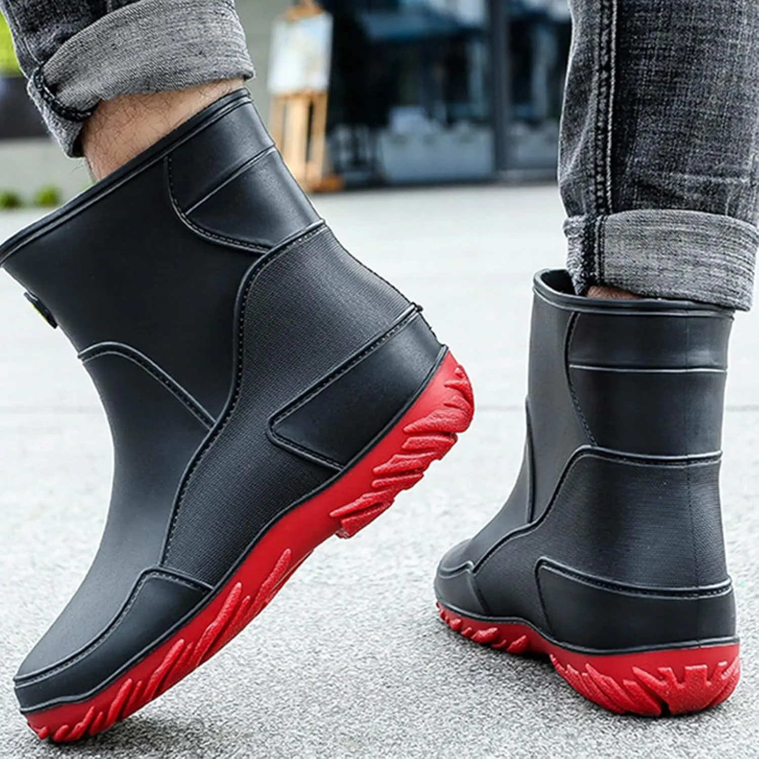 Men's rain boots, waterproof rain boots, mid-calf, fashionable outer water shoes, velvet for warmth, rubber shoes